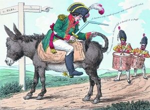 英国漫画作品，呈现拿破仑带着皇帝头衔被流放厄尔巴岛的窘态。