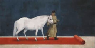 李公麟笔下白描的马，被“牵”到了红地毯上。这是上海中国画院画师洪健的新画作《甲午传统研习系列》（见图①）