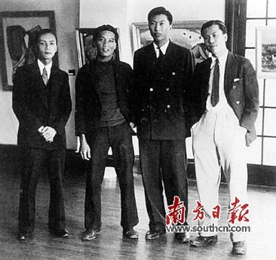 中华独立美术协会第二回展合影：（左起）曾鸣、赵兽、李东平、梁锡鸿，上海中华学艺社，1935年10月。