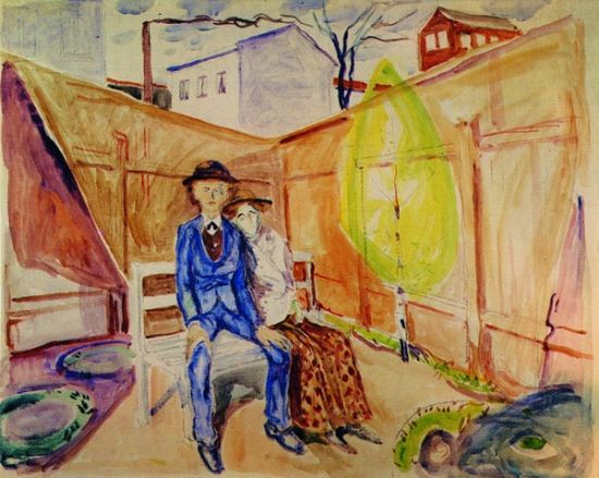 蒙克纪念童年回忆的一系列画作以比利斯雷德公园30b的后园为原型，照片中的秋叶和秃树透出忧郁的氛围（上），在画中的蒙克是一位瘦长小伙子，边上的姑娘可能是他身患不治之症的姐姐苏菲（下）。