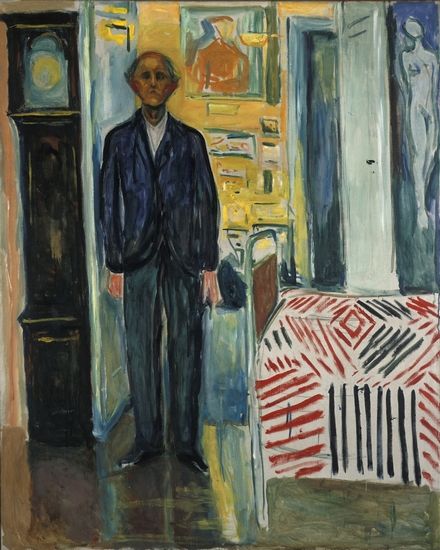 蒙克1940-1943年作品　　《站在钟表和床之间的自画像》