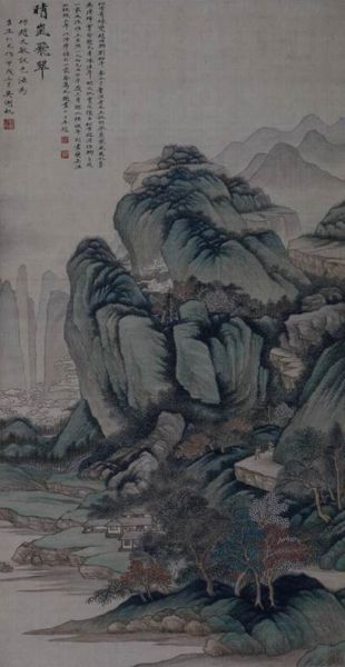 　　吴湖帆(1894-1968)晴岚飞翠图 　　3020000元在联拍在线线上成交 　　设色纸本 轴 款识：仿赵文敏设色法为吉生仁兄作，甲戌二月，吴湖帆。钤印：吴湖骏(朱白)倩庵(白文) 尺寸：110cm×58cm 约5.7平尺