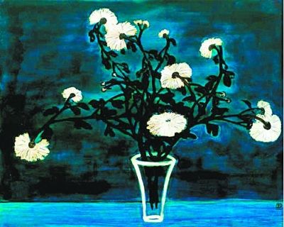     常玉作品《蓝色辰星（菊花与玻璃瓶）》。