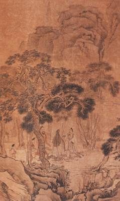 　　华岩 三老游山图 绢本设色 立轴 尺寸：164×99cm 约14.6平尺