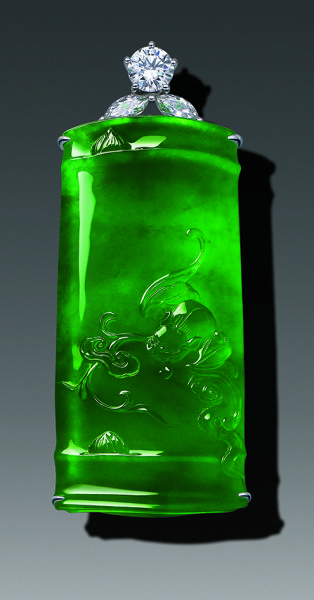 玻璃种满色翡翠高升纳福挂件