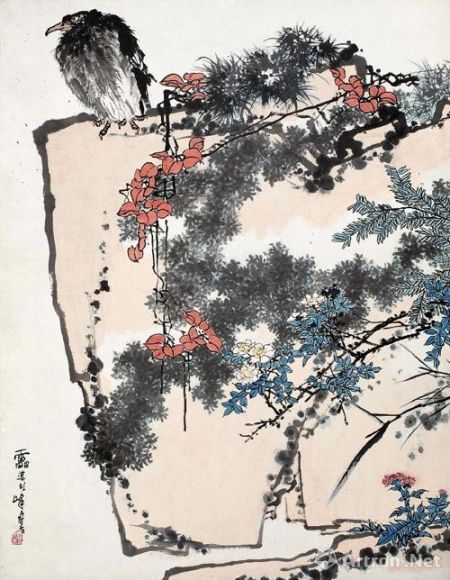 　　0707 潘天寿《鹰石山花图》 　　尺寸：182.3×141.8cm