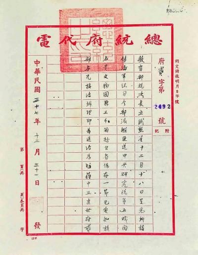 蒋中正致杭立武请海军派舰运送文物赴台公函