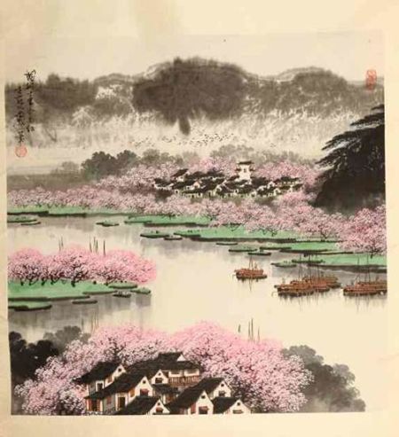 　　尚游 十里杏花红(拍品编号：49)落槌价1200元 　　形式：镜片；尺寸：67×68cm