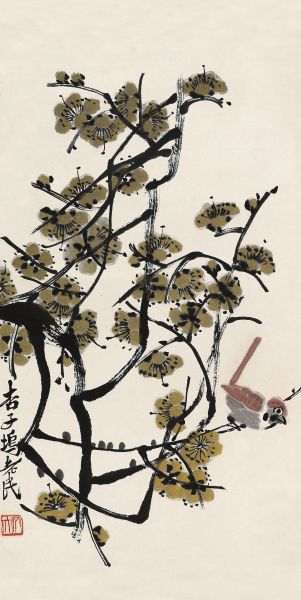 齐白石《绿梅小雀》