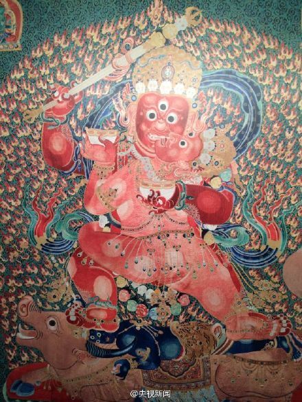 明朝永乐御制红閰摩敌刺绣唐卡