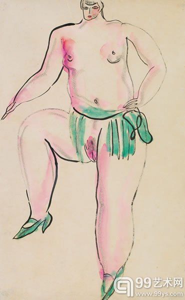 243-常玉-穿鞋的裸女-约1929年-水彩 纸本-45x28.5cm