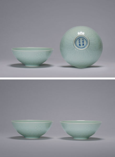 清雍正粉青釉浅浮雕刻缠枝莲纹碗一对 成交价：471.5万元