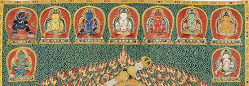 下方则为单脚而立，捧宝起舞的七天女。