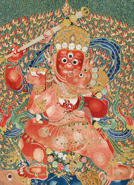 上方中央为五方佛，左右为蓝夜摩与文殊菩萨，上侧左右为绿度母和白度母。