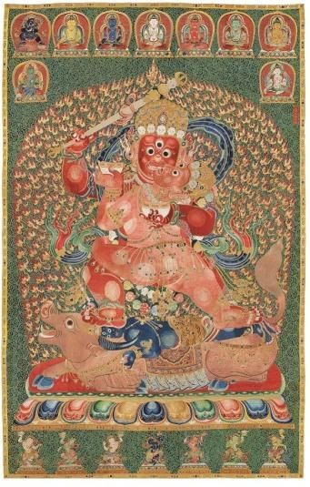 美国私人珍藏 明永乐御制红阎摩敌刺绣唐卡 335.3 x 213.4 公分 估价待询