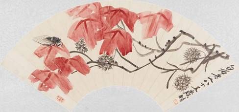 　　齐白石 《秋蝉红枫》设色纸本 扇面 19.5×54cm