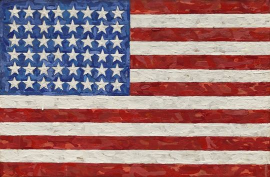 Jasper Johns: Flag, 1983, encaustic on silk flag on canvas, 11 5/8 by 17 1/2 inches; courtesy of Sotheby's。