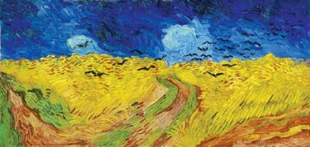 梵高最后的一幅作品《麦田群鸦》。艺术评论认为,这是梵高留给世人的一份图像遗书:遥远地平线的透视画法是颠倒的，是一条死路。而草、篱笆，抑或是树木的一部分等绿色的视觉标记的含义，已经乱成一团。象征魔鬼的乌鸦