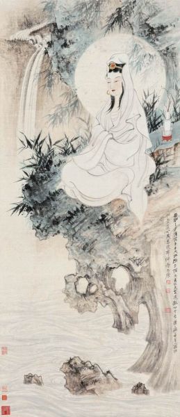 张大千(1899-1983) 水月观音 立轴 设色纸本 132×57 cm. RMB: 2,800,000-3,800,000