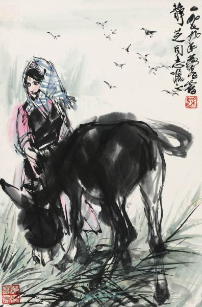黄 胄(1925-1997) 草原放牧 立轴 设色纸本 69×45 cm. 说明：静芝上款。由上款人直接提供。RMB: 500,000-800,000