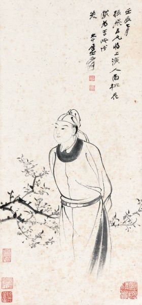 张大千(1899-1983) 为俞振飞作人面桃花 立轴 水墨纸本 69×32 cm.出版：《俞振飞传》前插页。说明：俞振飞上款并旧藏。RMB: 900,000-1,500,000