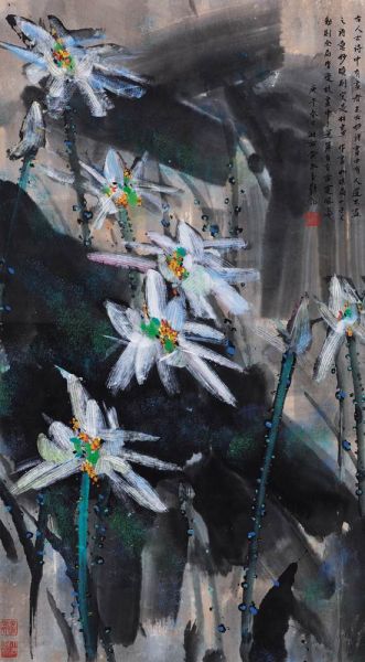 黄永玉(b.1924) 白荷 镜心 设色纸本 139×75 cm.RMB: 500,000-800,000
