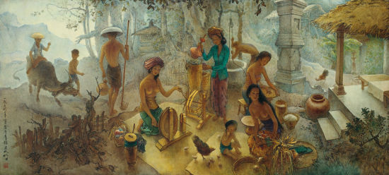 现代印度尼西亚华裔艺术家李曼峰之《峇里民采》，1974年作，油彩画布，82.5 x 184 公分，估价待询
