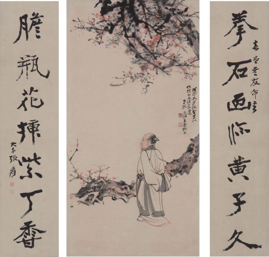  张大千 高士图 七言书法对联中堂