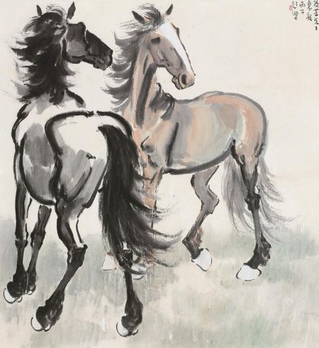 图说：徐悲鸿《双骏图》 设色 纸本 镜心 102×93.5cm
