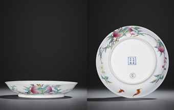 清雍正 御制粉彩过枝福寿双全盘一对