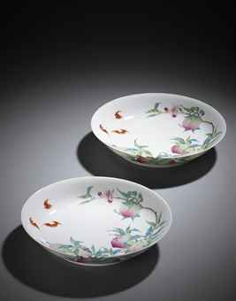 清雍正 御制粉彩过枝福寿双全盘一对