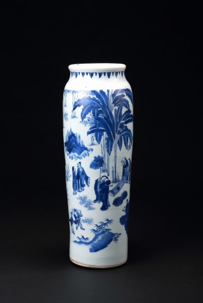 明崇祯，青花会昌九老图筒瓶，H:44cm