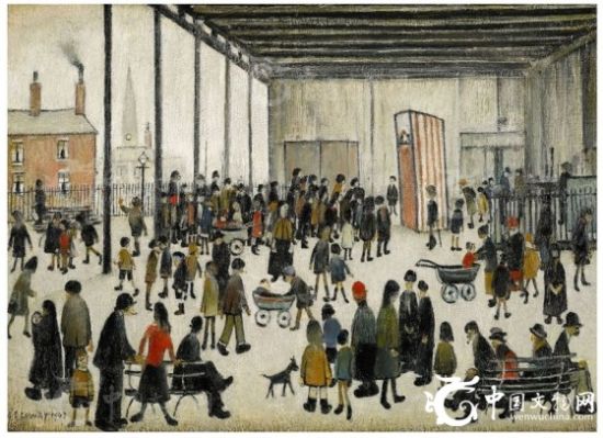 图为名家洛瑞于1943年绘制完成的经典布面油画作品《潘奇与朱迪》(PunchandJudy)。