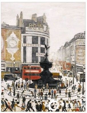 图为名家洛瑞于1960年创作的珍贵布面油画作品《伦敦皮卡迪利广场》。