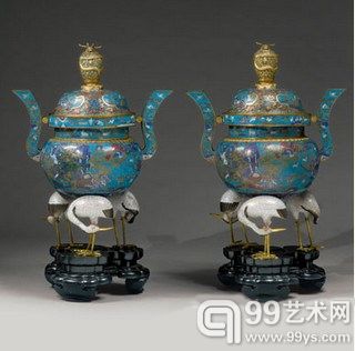 清十八、 十九世纪掐丝珐琅百鹿图寿鹤三足盖炉