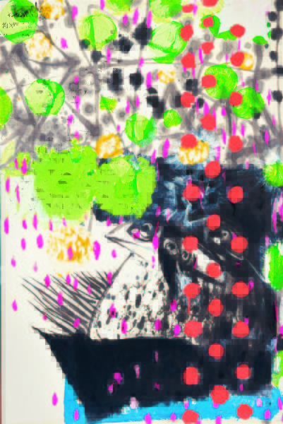 《鸟还巢》约1970年作，墨，压克力彩纸本裱于画布，90.2 x 61公分