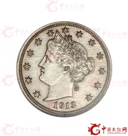 图为美国费城铸币厂(PhiladelphiaMint)于1913年铸造的自由女神头像精致镍币，最终成交价格为330万美元（约合人民币1991万元）。