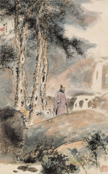 傅抱石 携琴访友 设色纸本 立轴 69×43