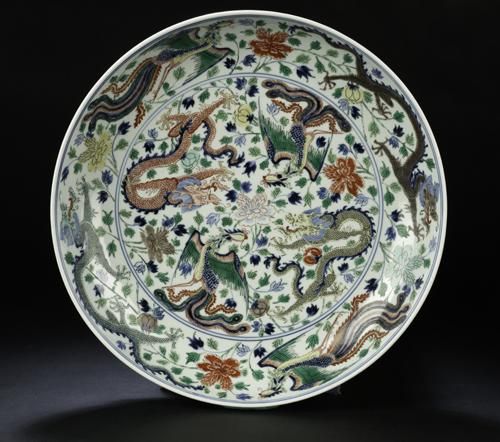 清康熙 五彩穿花龙凤纹盘 
