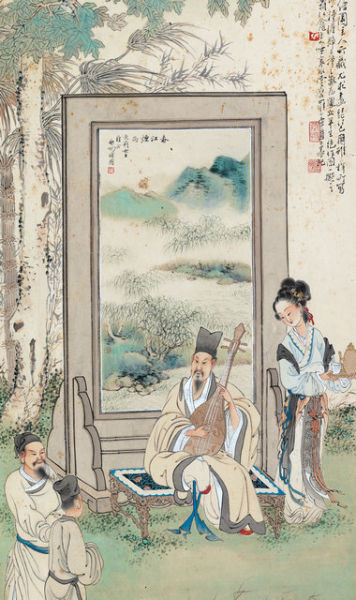 徐操 启功《琵琶高会》立轴 设色纸本 100×40.5cm