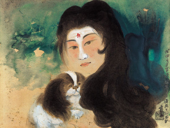 张大千《佳人番犬图》 镜片 泼彩金卡 45×60cm 1968年作