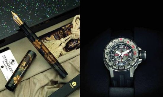 （左）Namiki 雪月花限量版99钢笔；Richard Mille 潜水表。