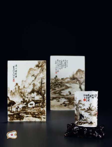 汪野亭书卷形笔筒、汪野亭对板一组三件