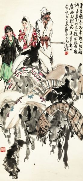 黄胄(1925-1997) 运粮图 【近现代书画专场(一)】 纸本立轴 1983年作 104×48cm 备注：简庆福旧藏。简庆福，著名摄影家，与黄胄为挚友。