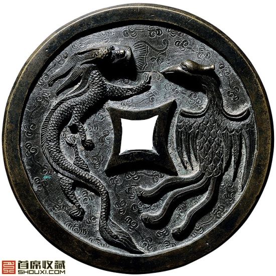 清“连生贵子”背龙凤纹手雕花花钱
