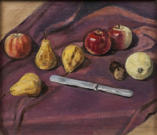 关良(1900-1986) 苹果与梨 布面油画 33×38cm 展览：关良百年诞辰展，台北大未来画廊，台北，2000年。 出版： 1.《关良百年诞辰展》，大未来艺术有限公司，2000年，P67。 2.《关良》，上海人民美术出版社，2009年，P124。