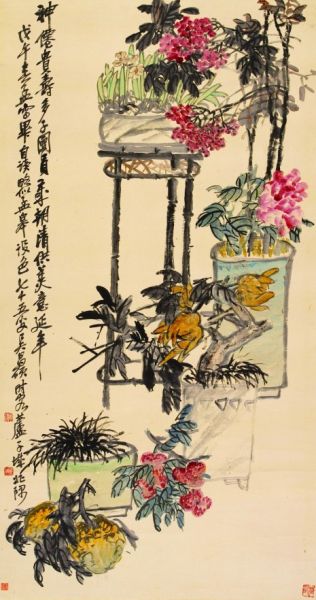 2013西泠秋拍 吴昌硕 岁朝清供图 设色纸本 立轴 1918年作 152×80.5cm 出版：《吴昌硕先生遗作集》，大东书局出版。