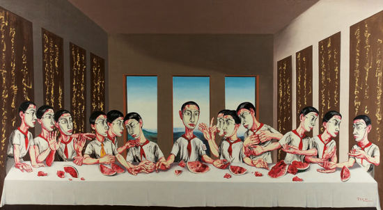 曾梵志（1964年生）之大尺幅作品《最后的晚餐》，2001年作，油彩画布，220 x 400公分