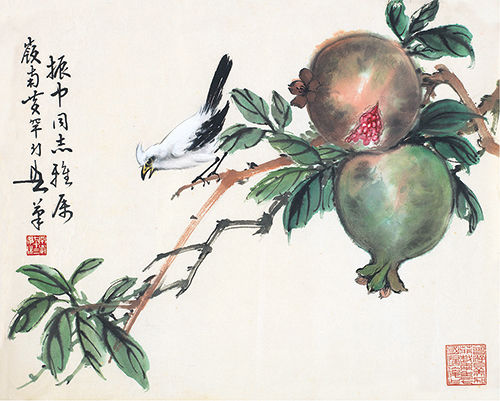 黄幻吾 白冠石榴图 镜片 设色纸本 34×42cm