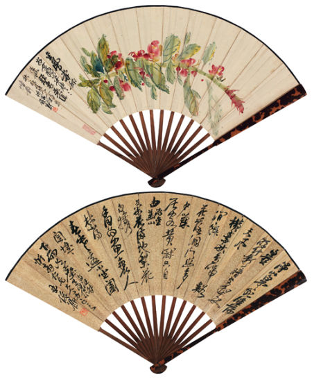  Lot8133 吴昌硕 金凤淑影并行书自作诗 成扇 设色纸本 水墨洒金笺 17×53 cm 成交价（含佣金）：1,058,000 元